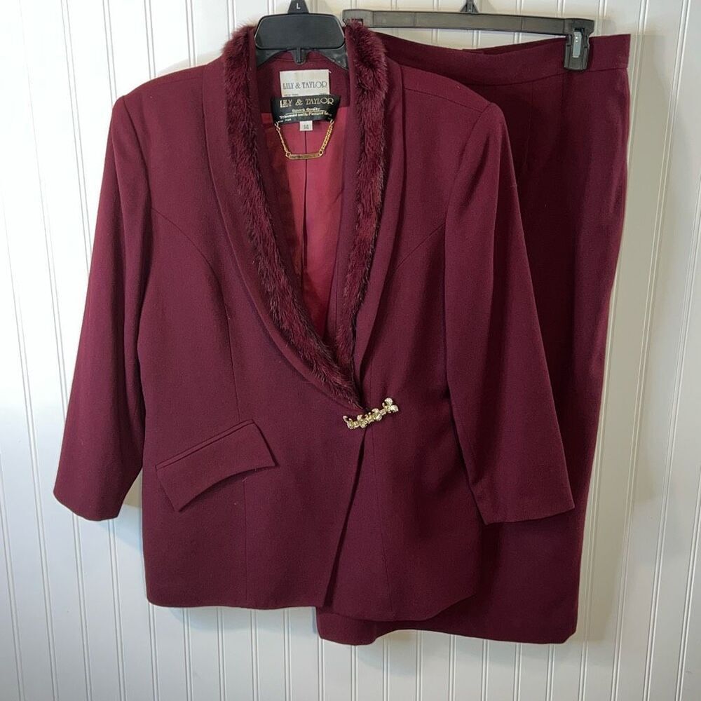 Lily & Taylor Wool Skirt Suit Mink Trim Crystals Accents Women’s Size 14 Wine